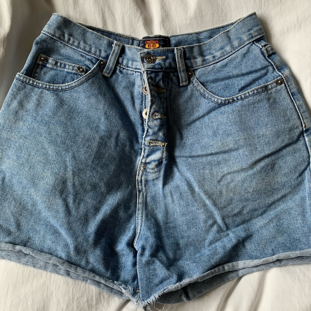Vintage Route 66 distressed denim shorts